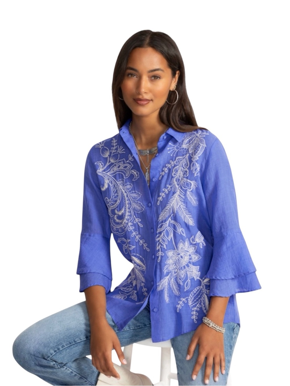 Johnny Was 3/4 Flounce Sleeve Embroidered Ramie Blouse Roberta Baja Blue XL NWT - Picture 5 of 16